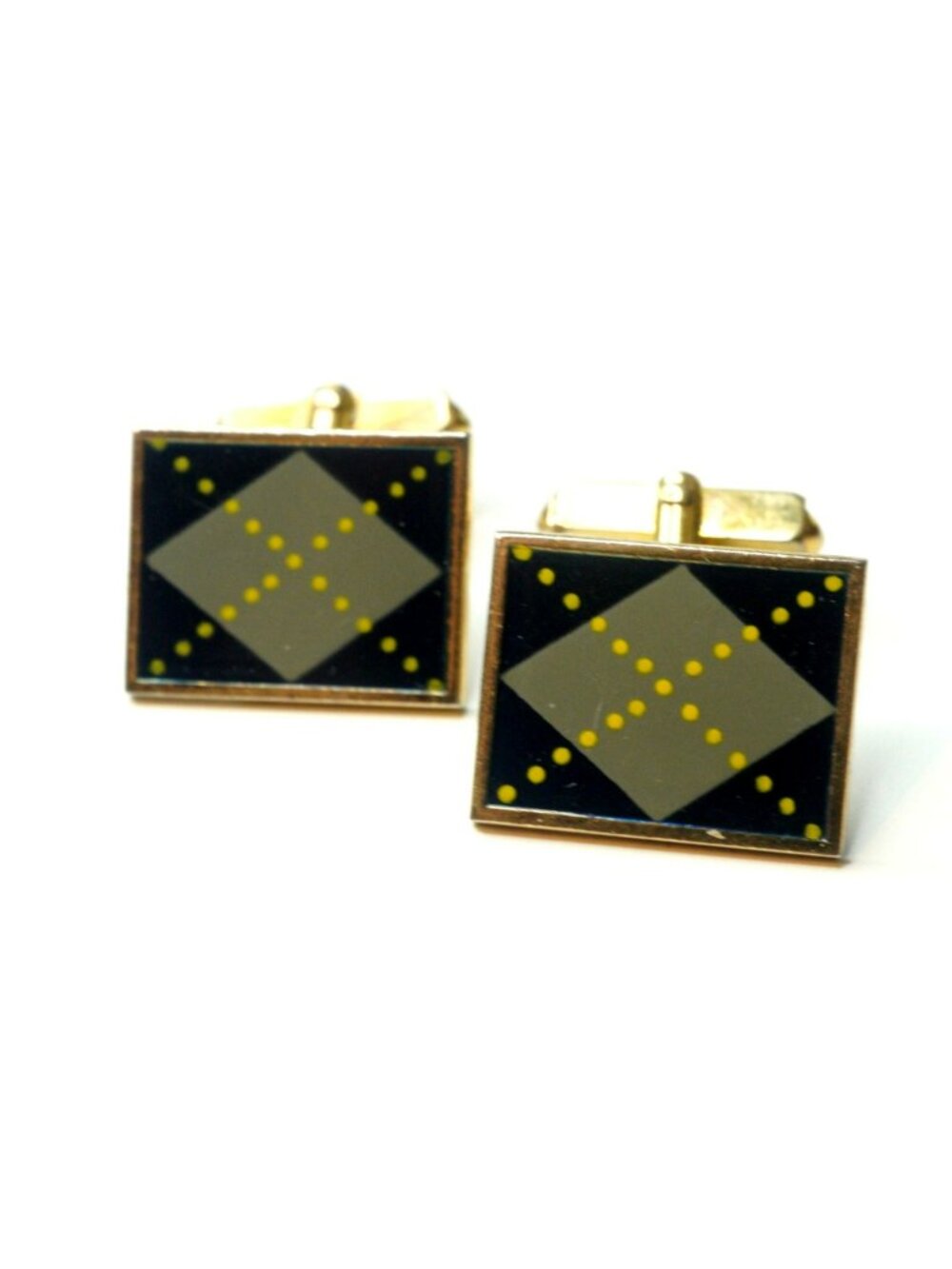 Vintage Swank Black Gray Argyle Enamel Cufflinks Mid Century Men's